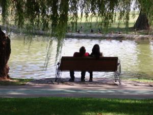Vedere din Bucureşti. Pereche într-o atitudine romantică, plină de candoare, pe malul lacului IOR. Foto: Călin Hera