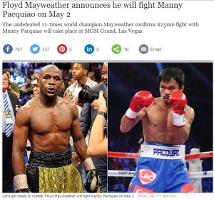 Floyd Mayweather şi Manny Pacquiao, gata să-şi tragă nişte pumni. Sursa: telegraph.co.uk (printscreen)