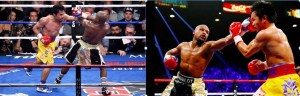 Vedere din Las Vegas. Doi pumni teribili, dați, respectiv încasați pe rând de Floyd Mayweather și Manny Pacquiao. Sursa: twitter