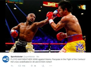 Vedere din Las Vegas. Floyd Mayweather îl pocnește pe Manny Pacquiao. Sursa: twitter